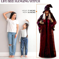 Life Size Hanging Talking Witch - Animated Halloween Witch with Sound Activation and Red Eyes for Outdoor & Indoor Decor - Old, Spooky and Scary Flying Animatronic Witch for Halloween Decorations