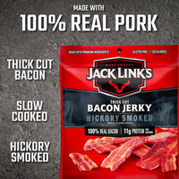 Jack Link's Bacon Jerky, Hickory Smoked, 2.5 oz. Bag - Flavorful Ready to Eat Meat Snack with 11g of Protein, Made with 100% Thick Cut, Real Bacon - Trans Fat Free (Packaging May Vary)