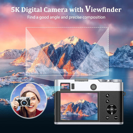 5K Digital Camera for Photography and Video Autofocus 48MP Vlogging Selfie Camera Anti-Shake with Flash Viewfinder Dial, 16X Digital Zoom Compact Video Camera for Travel with 32GB Card, 2 Batteries - Big Hawaiian Gift Shop