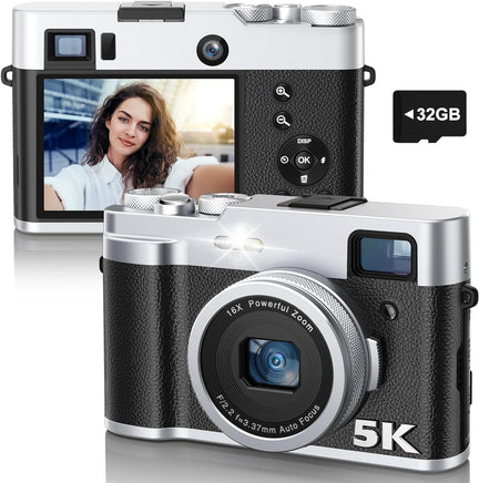 5K Digital Camera for Photography and Video Autofocus 48MP Vlogging Selfie Camera Anti-Shake with Flash Viewfinder Dial, 16X Digital Zoom Compact Video Camera for Travel with 32GB Card, 2 Batteries - Big Hawaiian Gift Shop