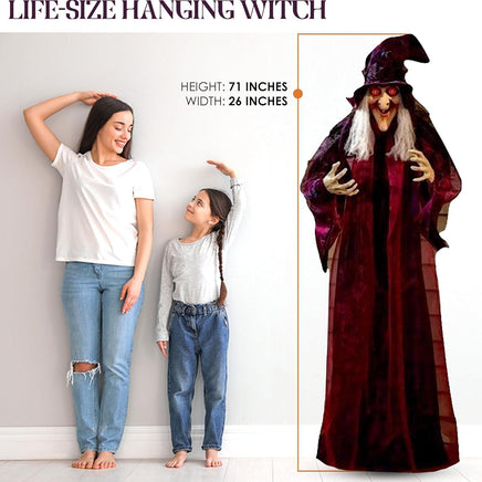 Life Size Hanging Talking Witch - Animated Halloween Witch with Sound Activation and Red Eyes for Outdoor & Indoor Decor - Old, Spooky and Scary Flying Animatronic Witch for Halloween Decorations - Big Hawaiian Gift Shop